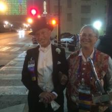 John Hertz and me holding Mike Glyer's Hugos